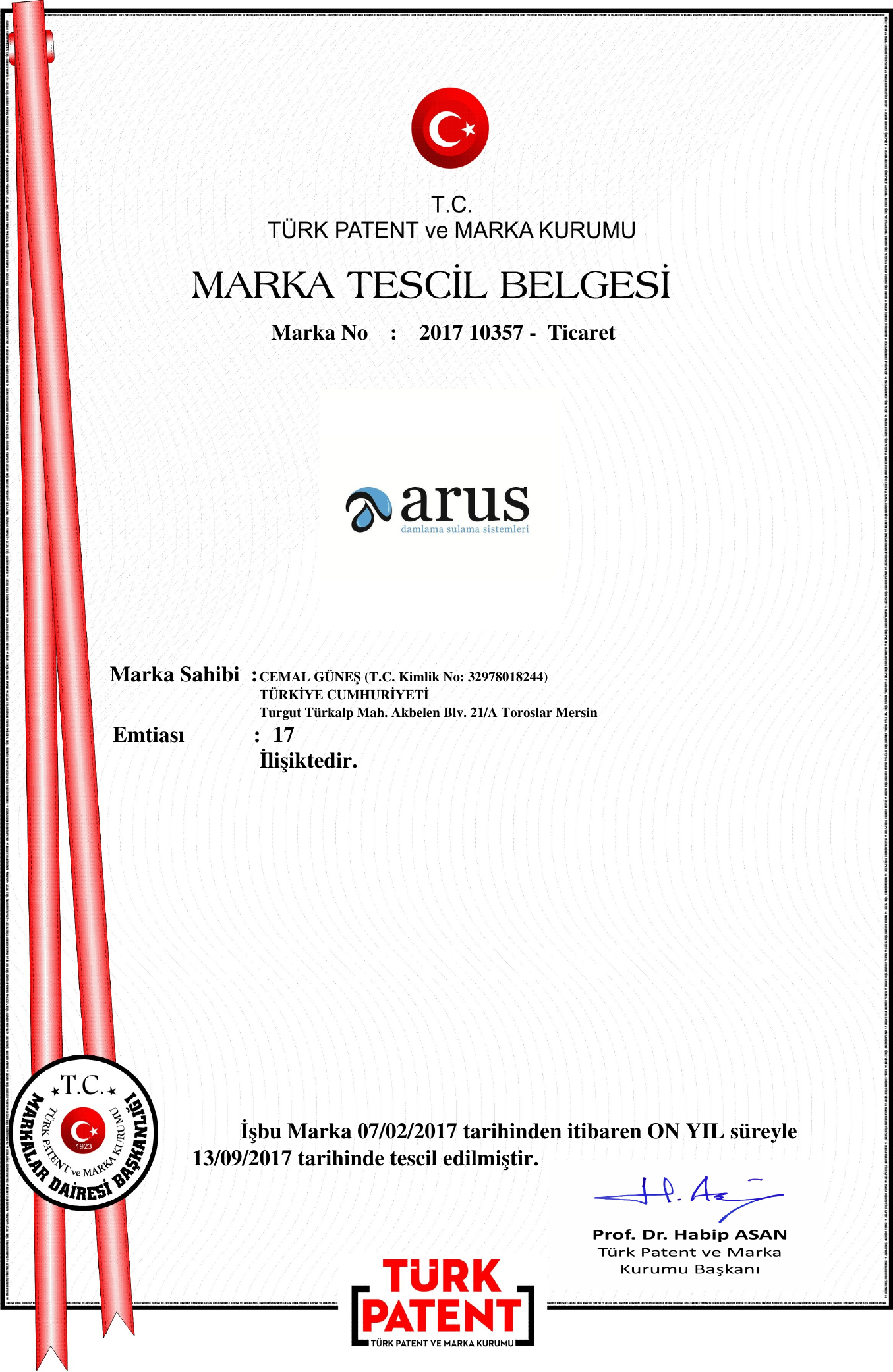 Güneşler Ticaret Arus Marka Tescil Belgesi