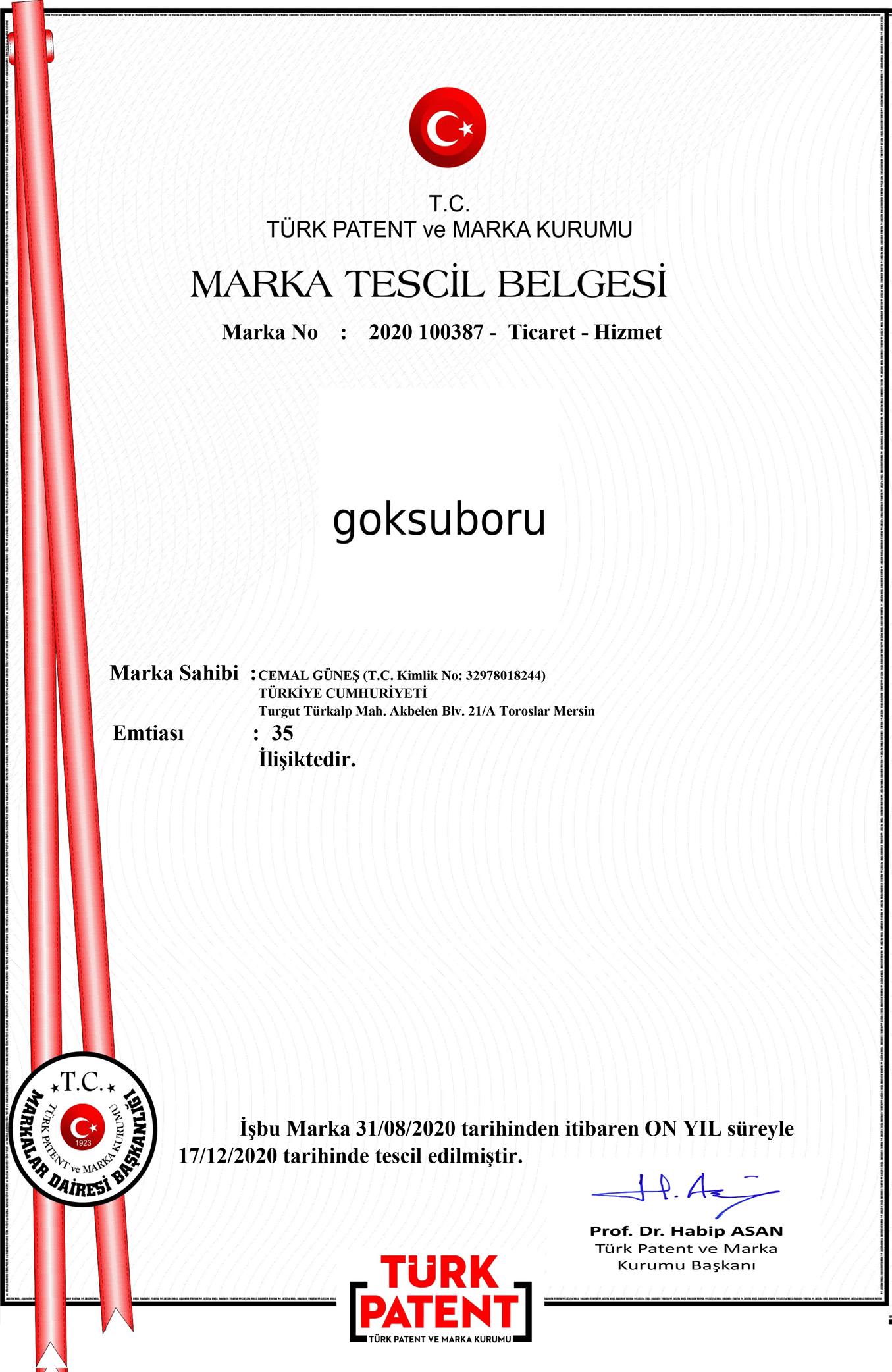 Güneşler Ticaret GöksuBoru Marka Tescil Belgesi
