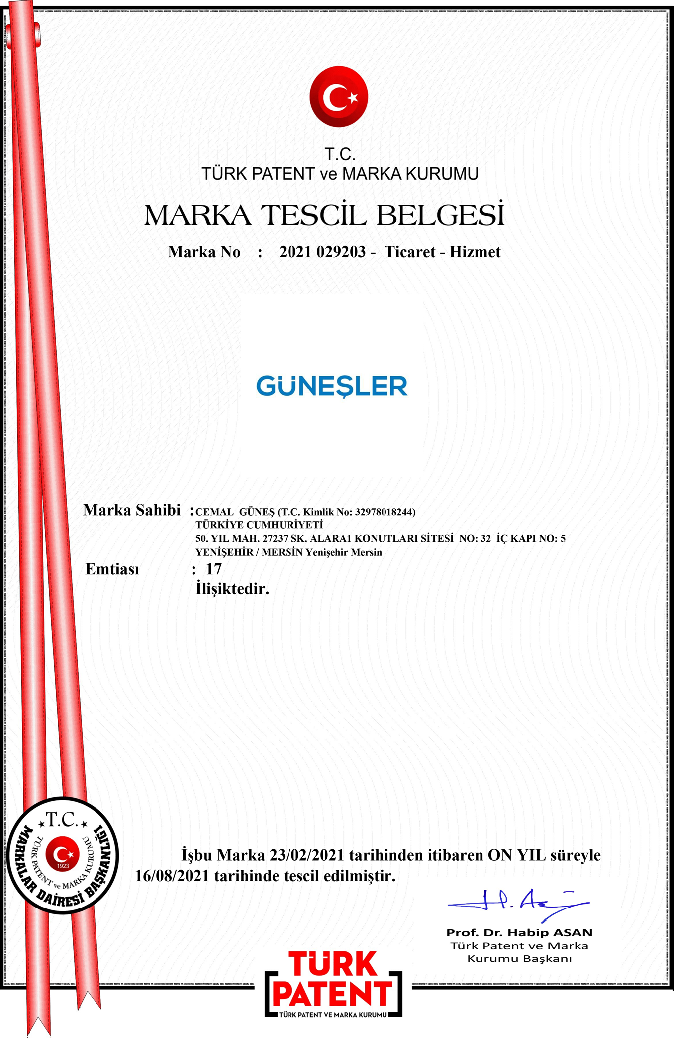 Güneşler Ticaret Marka Tescil Belgesi