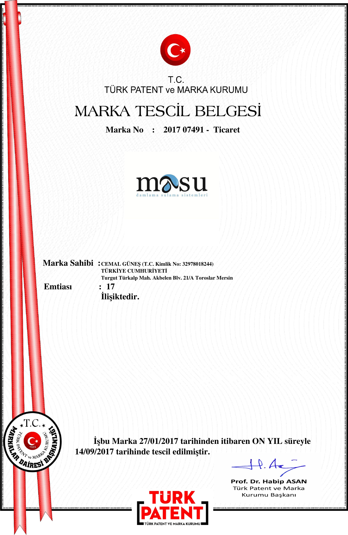 Güneşler Ticaret Masu Marka Tescil Belgesi