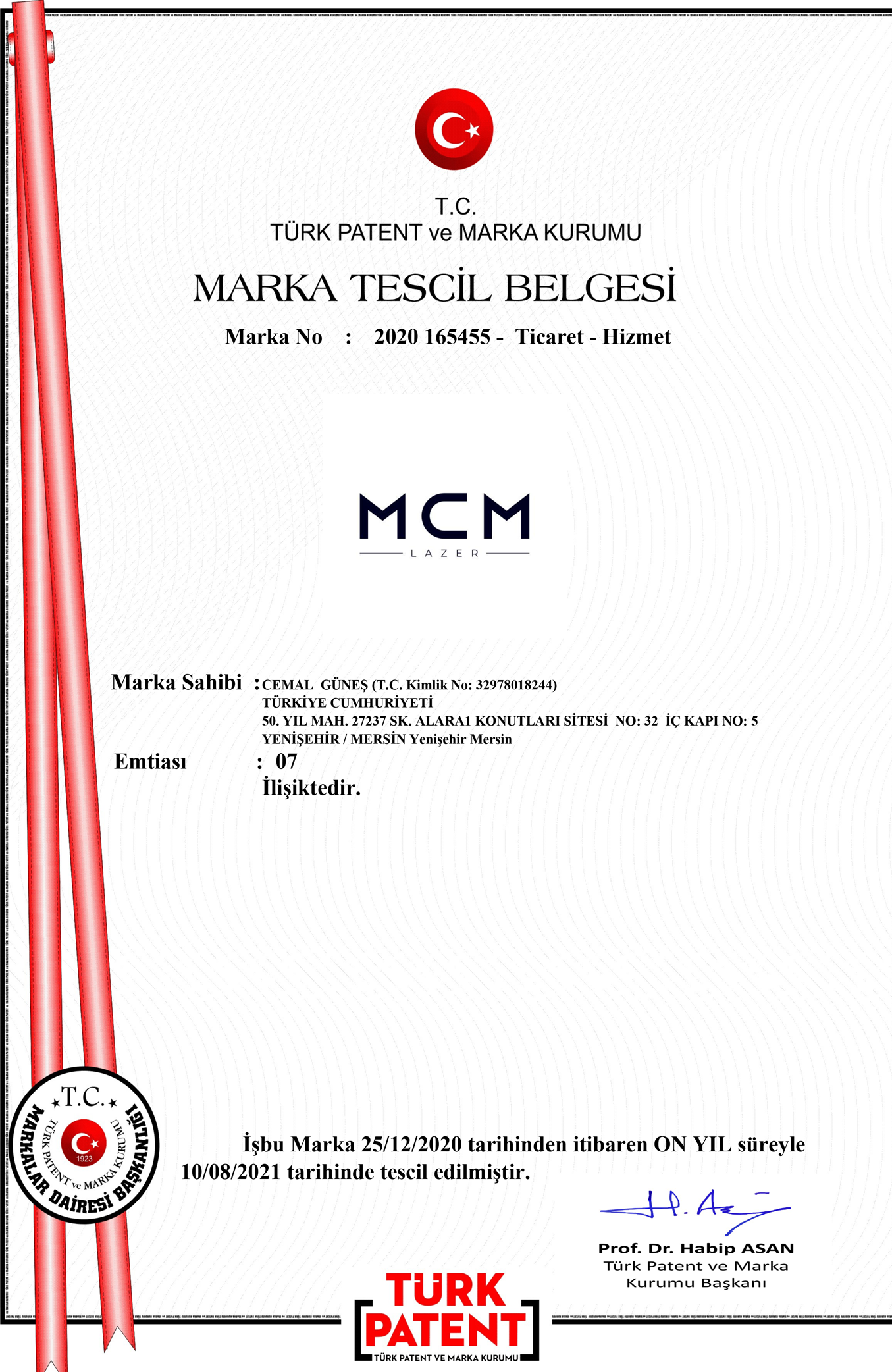Güneşler Ticaret MCM Lazer Marka Tescil Belgesi